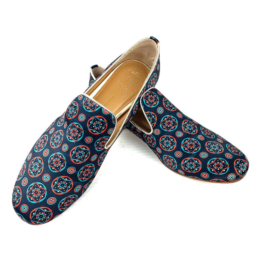 BANANA REPUBLIC‎ Louisa Satin Print Leather Trim Smoking Flat